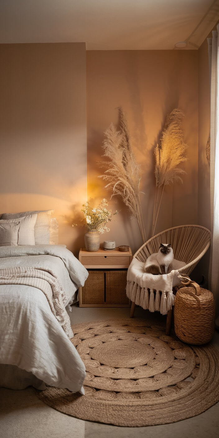 A cozy bedroom features beige decor, a bed with soft linens, pampas grass, a chair with a cat, and woven basket accents.