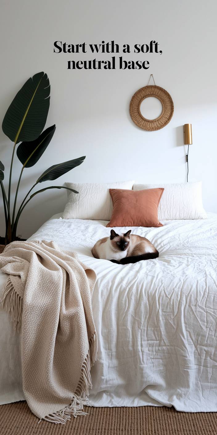 Cozy bedroom with a cat on a bed, adorned with neutral decor, throw blanket, and wall art accentuating a soft, inviting atmosphere.