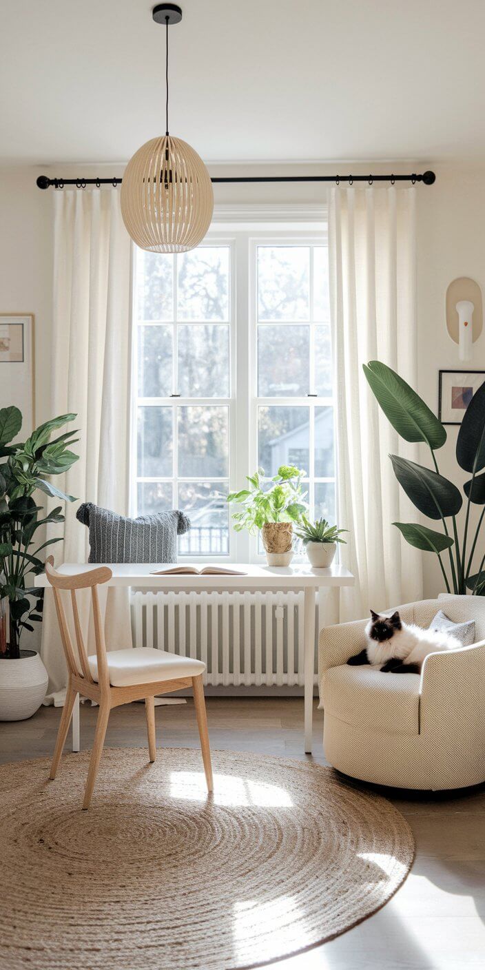 A cozy, sunlit room features a round jute rug, wooden chair, white table, numerous plants, and a cat lounging on an armchair.
