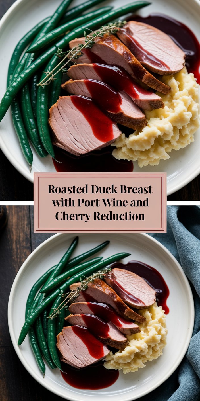Roasted duck breast with a port wine and cherry reduction, accompanied by mashed potatoes and green beans, elegantly presented on a white plate.