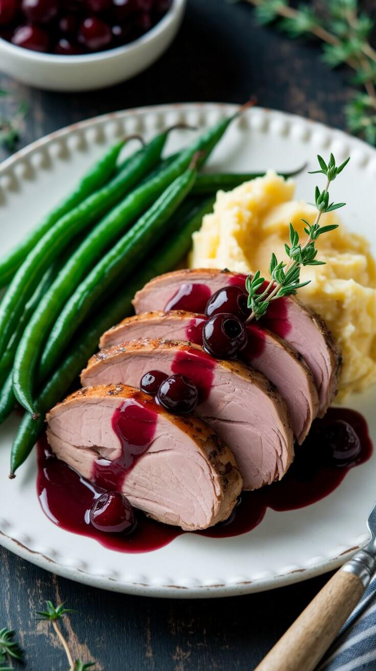 A plate with sliced pork tenderloin, cranberry sauce, mashed potatoes, and green beans. Garnished with herbs, a delicious and elegant meal presentation.