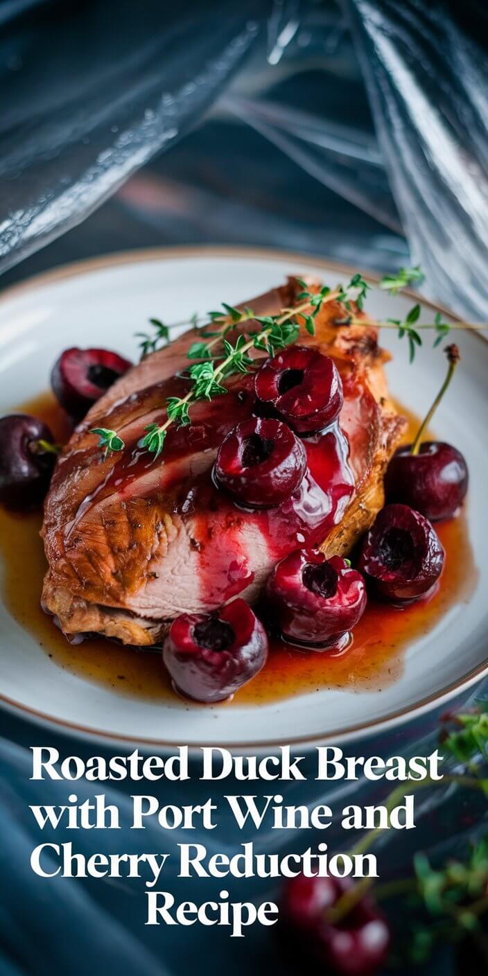 A culinary dish featuring roasted duck breast with cherry reduction, garnished with fresh cherries and thyme, on a white plate. Text overlays.
