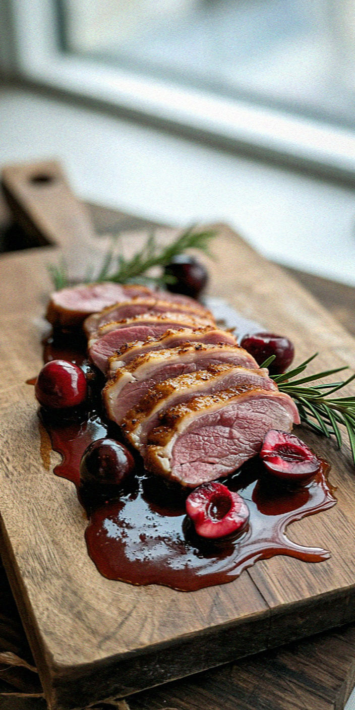 Sliced roast meat with crispy skin, garnished with cherries and rosemary, served on a wooden board. Rich sauce accompanies the dish.