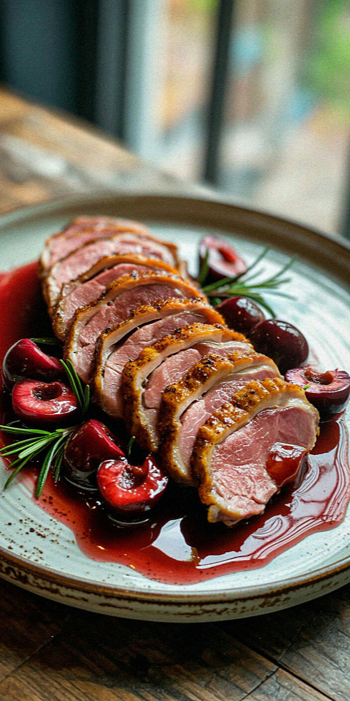Sliced duck breast with cherry sauce and rosemary garnish on a ceramic plate on a wooden table with blurred window background.