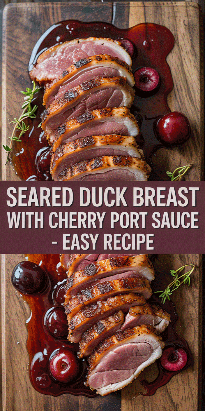 Sliced seared duck breast drizzled with cherry port sauce, garnished with fresh cherries and herbs on a wooden board. Text: "Seared Duck Breast Easy Recipe".