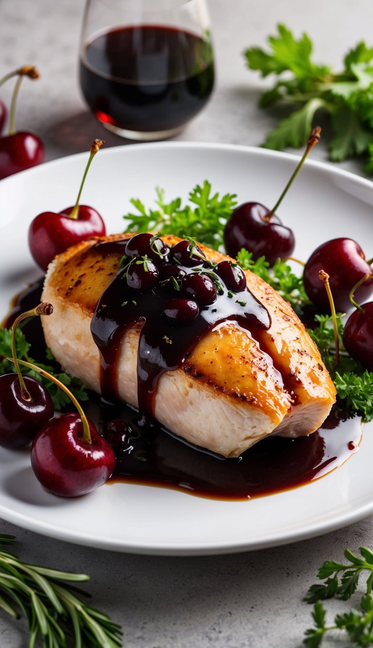 A sizzling duck breast rests on a white plate, drizzled with a rich port wine and cherry reduction, surrounded by vibrant red cherries and fresh herbs