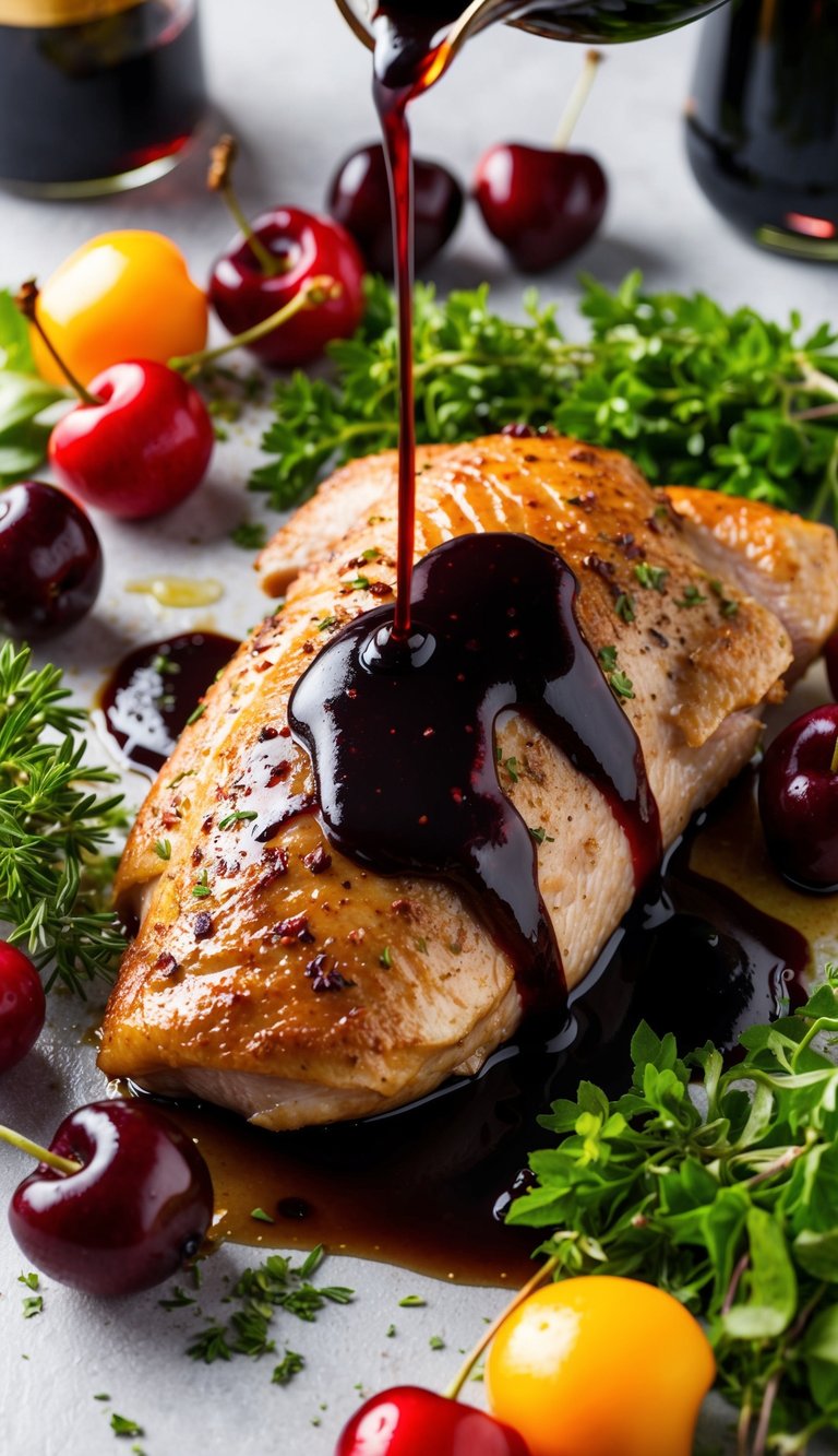 A plump roasted duck breast drizzled with a rich, deep red port wine and cherry reduction, surrounded by vibrant, fresh herbs and colorful, ripe cherries
