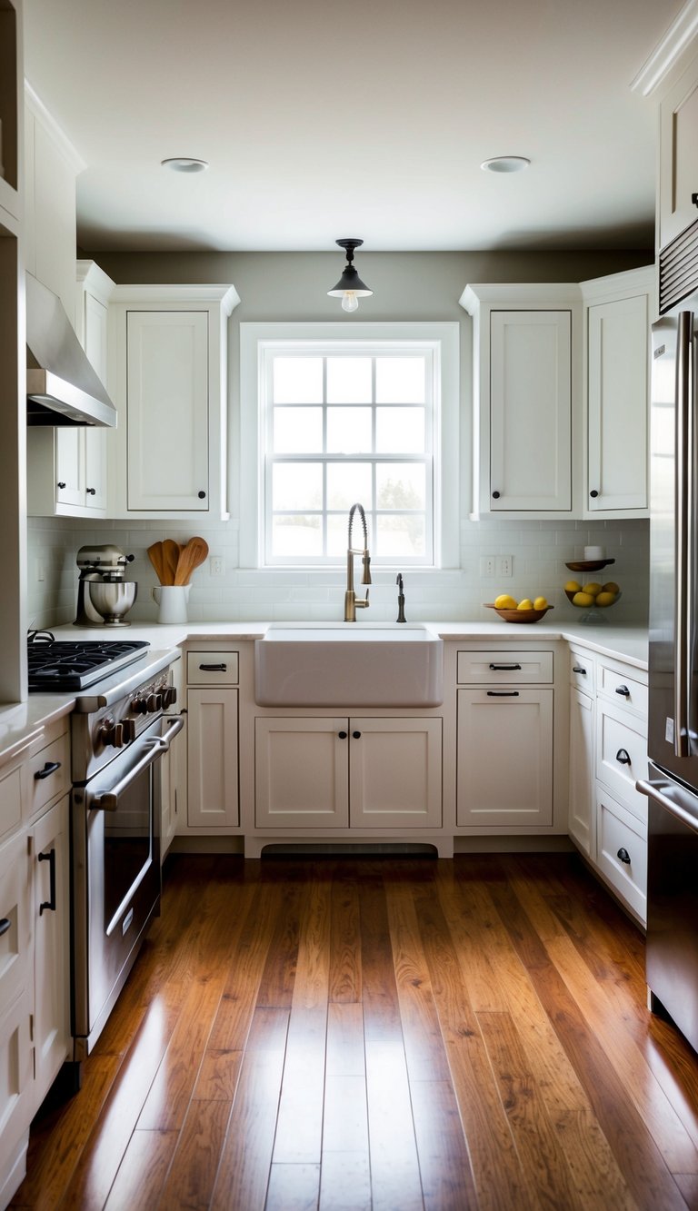 A spacious kitchen with white cabinets, warm wood floors, and accents. A large farmhouse sink sits beneath a window, and modern appliances are neatly integrated