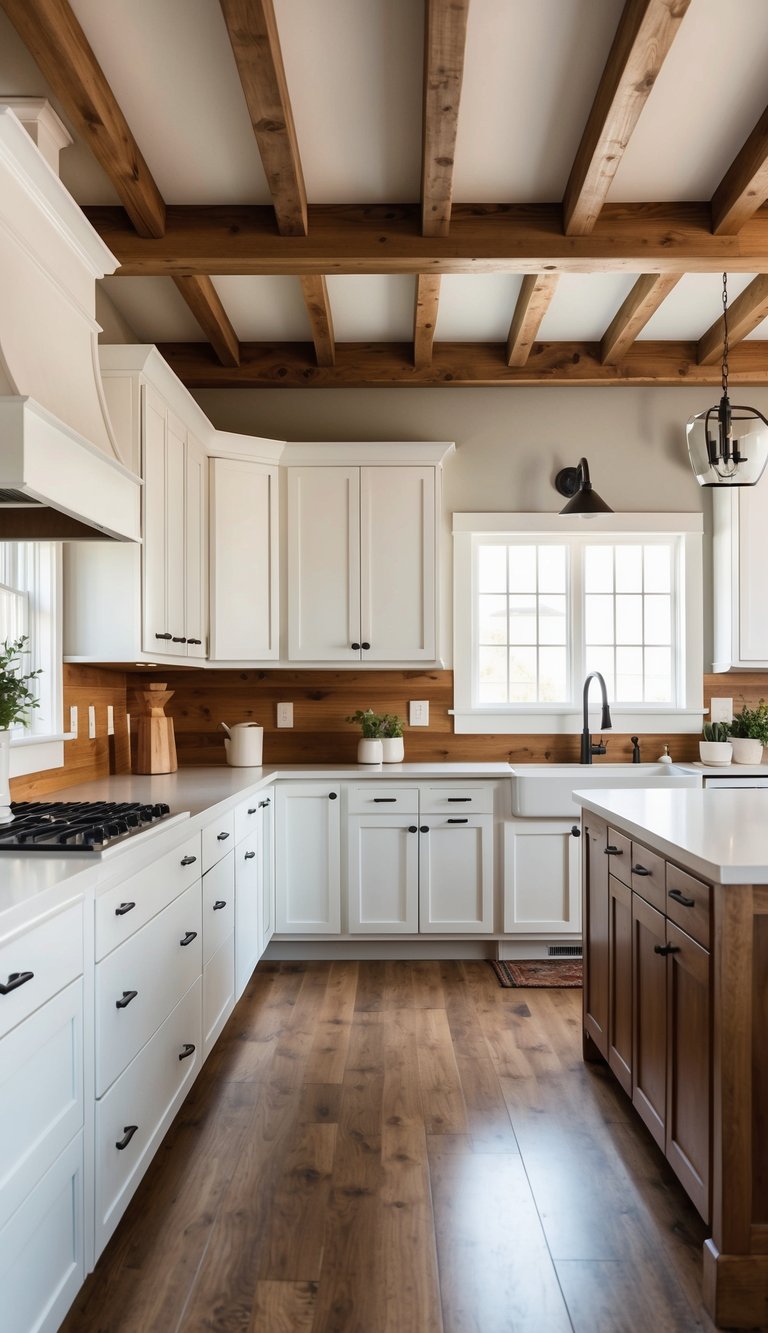 A spacious kitchen with white cabinets and warm wood accents. Wooden ceiling beams add a rustic touch to the modern farmhouse design