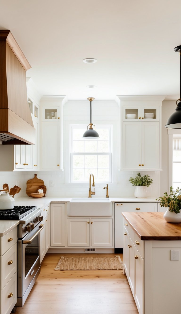 A bright, airy kitchen with Shaker-style white cabinets, paired with warm wood accents and modern farmhouse decor