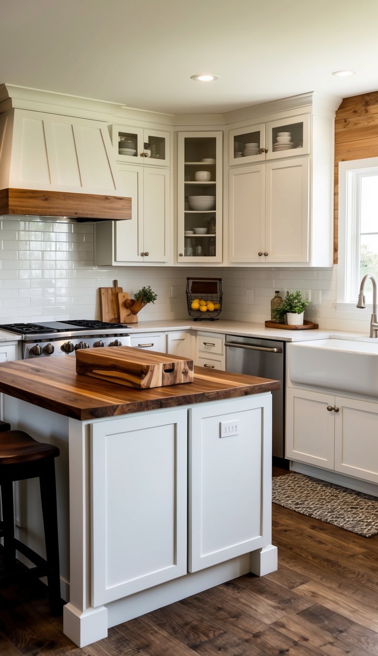 A modern farmhouse kitchen with white cabinets, warm wood accents, and a wood-and-stone kitchen island for contrast