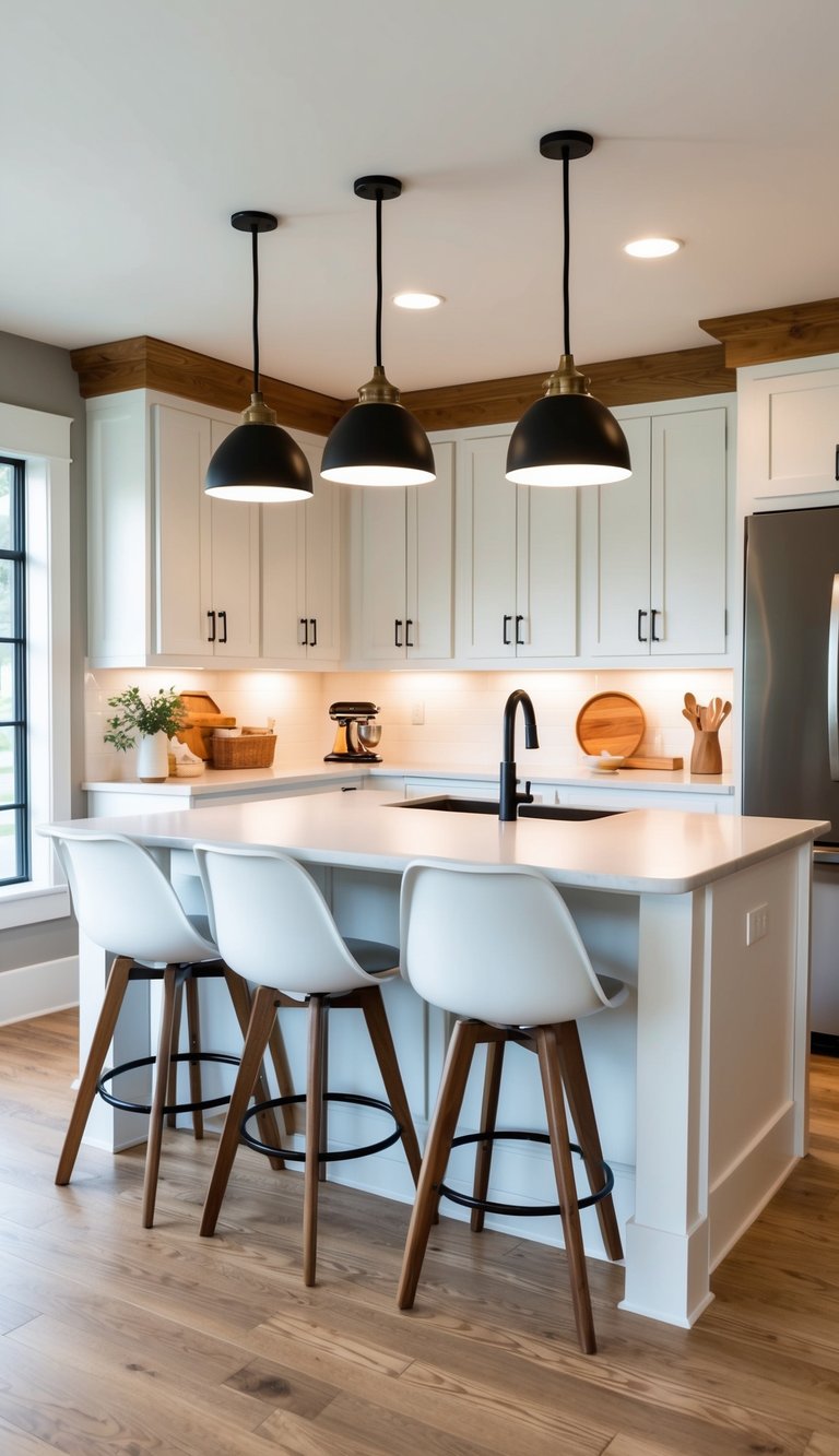 Modern bar stools with wooden legs arranged around a white kitchen island. White cabinets and warm wood accents complete the modern farmhouse aesthetic