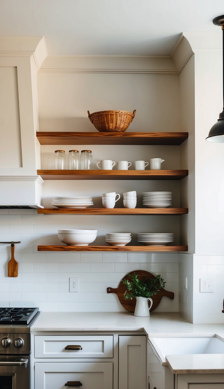 Warm wood shelves against a white backsplash in a modern farmhouse kitchen with white cabinets
