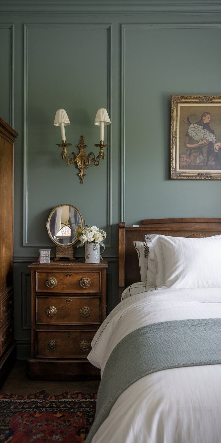 Elegant bedroom features a wooden nightstand, classic painting, decorative wall sconces, and cozy bedding with a patterned rug, creating a sophisticated and serene atmosphere.
