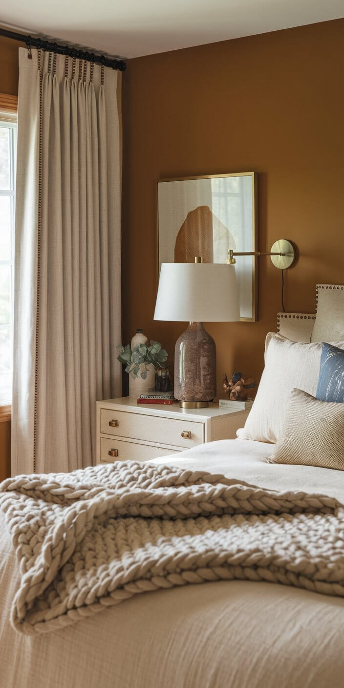 Cozy bedroom corner with a warm color palette, featuring a neatly arranged nightstand, elegant lamp, abstract artwork, and a chunky knit blanket on the bed.