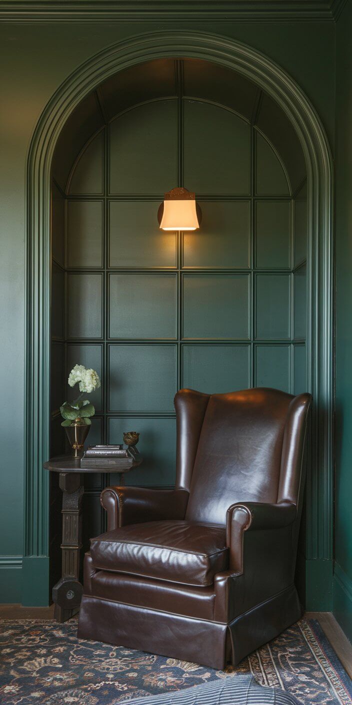 Elegant sitting area: dark green paneled alcove, leather armchair, patterned rug, round table with books, floral arrangement, and a wall sconce.