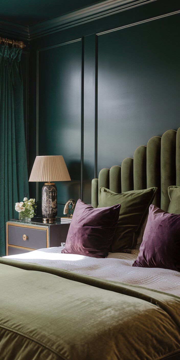 A luxurious bedroom with dark green walls, velvet headboard, purple cushions, bedside table, lamp, and flowers, creating a cozy, elegant ambiance.