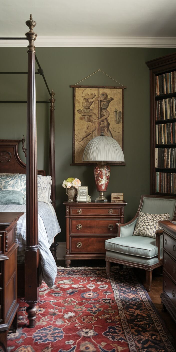 Elegant bedroom with dark wood furniture, a book-lined wall, and an intricate red rug. A unique artwork hangs above a floral lamp.