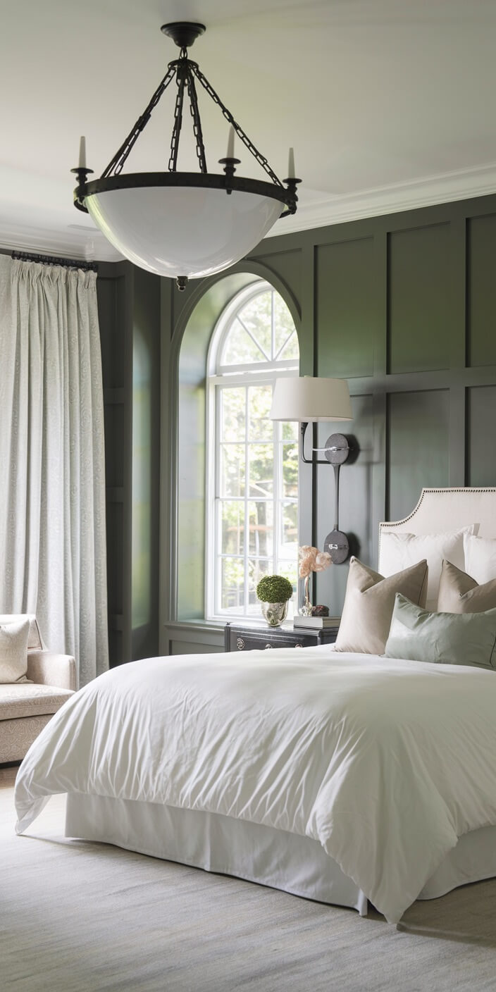 A cozy bedroom with green paneled walls features a large window, elegant chandelier, comfortable bed, and a small side table with decor.