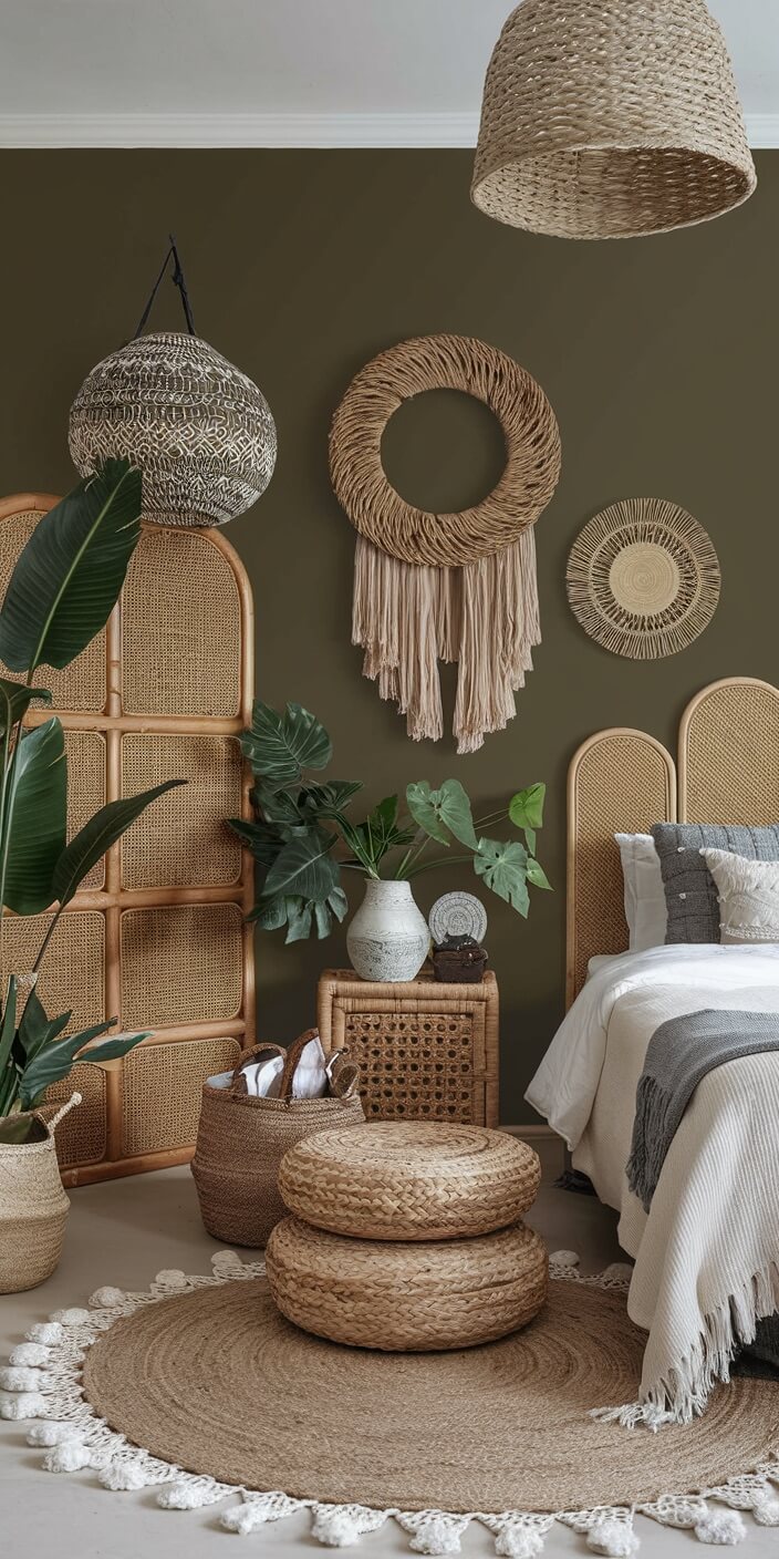 Cozy bohemian bedroom features wicker decor, hanging lamps, and lush plants. Neutral tones and textured fabrics create a warm, inviting atmosphere.