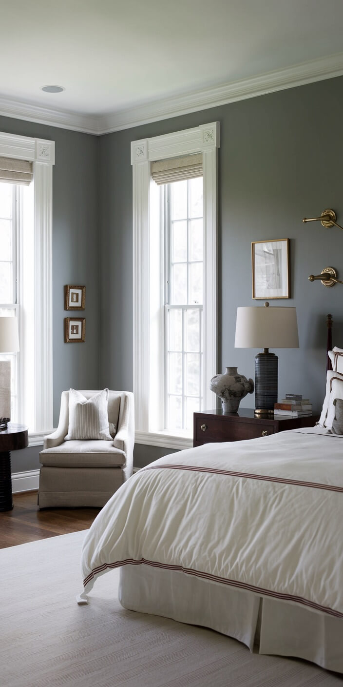 Elegant bedroom with a soft color palette featuring a cozy armchair, plush bedding, large windows, and tasteful decor, exuding a serene atmosphere.