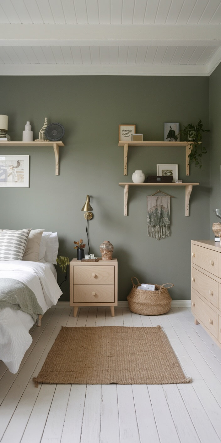 A cozy bedroom features green walls, wooden furniture, open shelves with decor, a bedside lamp, and neutral bedding, creating a calm atmosphere.