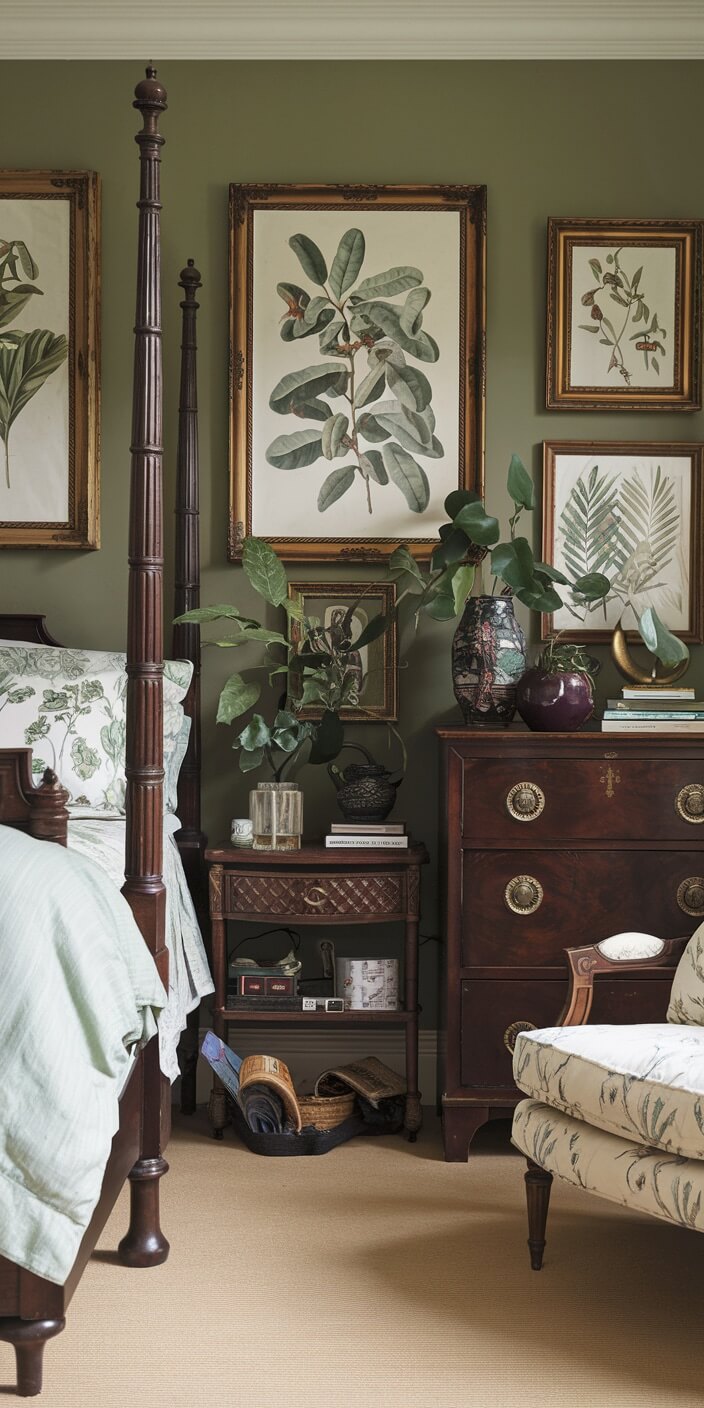 A cozy bedroom features botanical art, wooden furniture, green walls, and potted plants, creating a serene and elegant atmosphere.