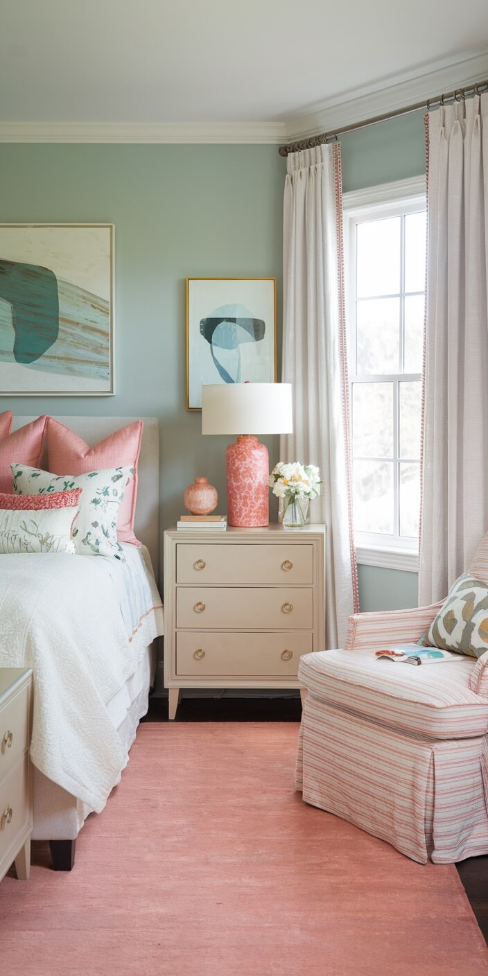A cozy bedroom with pink accents, featuring artwork, a lamp, flowers, and a striped chair beside a window with light curtains.