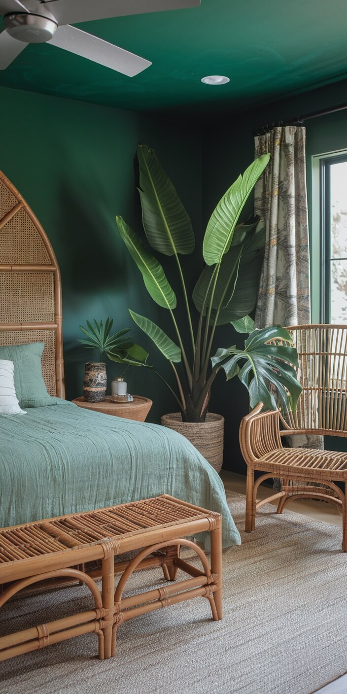 A cozy bedroom with green walls features rattan furniture, large potted plants, a ceiling fan, and a window with patterned curtains.