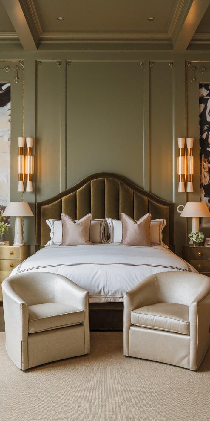 Elegant bedroom with green walls, featuring a plush bed, two beige chairs, gold-accented nightstands, and modern lighting fixtures.