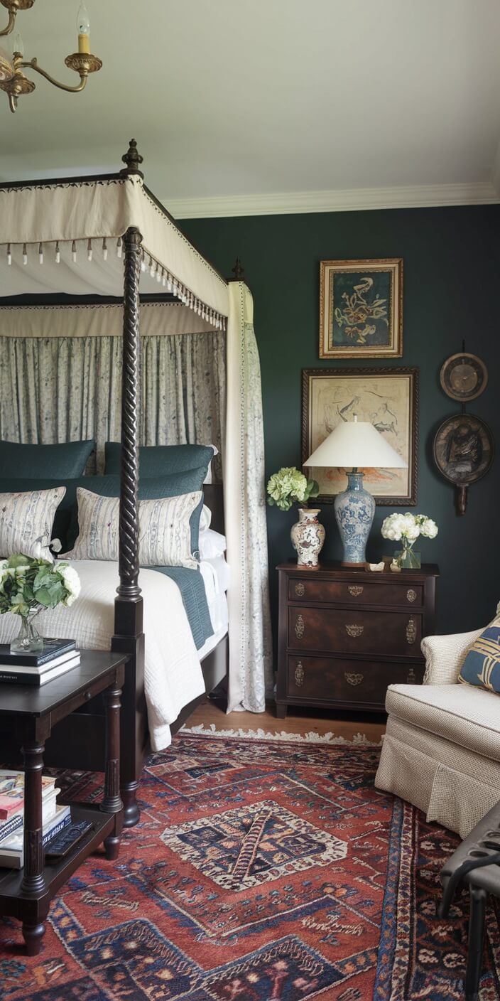 Elegant bedroom with a four-poster bed, floral arrangements, and art-adorned walls. Features antique furniture and a detailed, patterned rug.