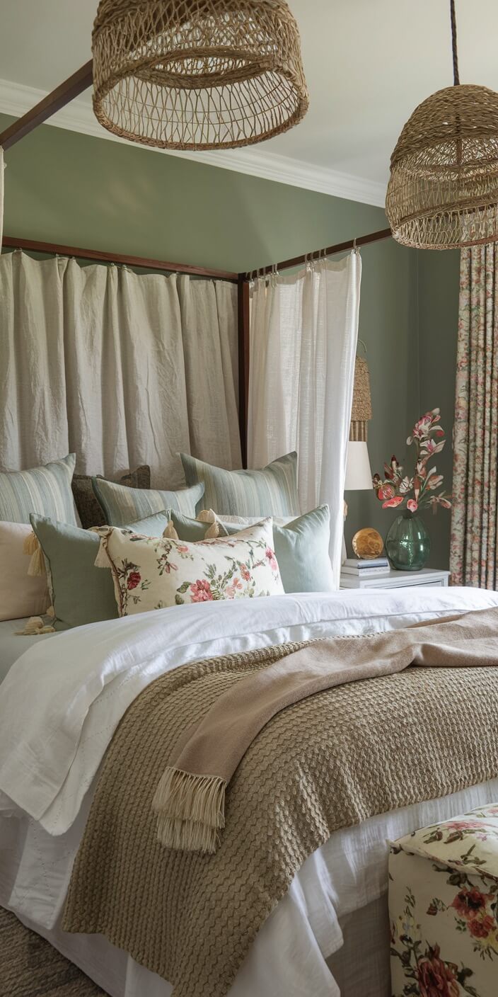 Cozy bedroom with green walls, floral pillows, wicker pendant lights, and a neatly made bed. Elegant, earthy tones create a serene atmosphere.