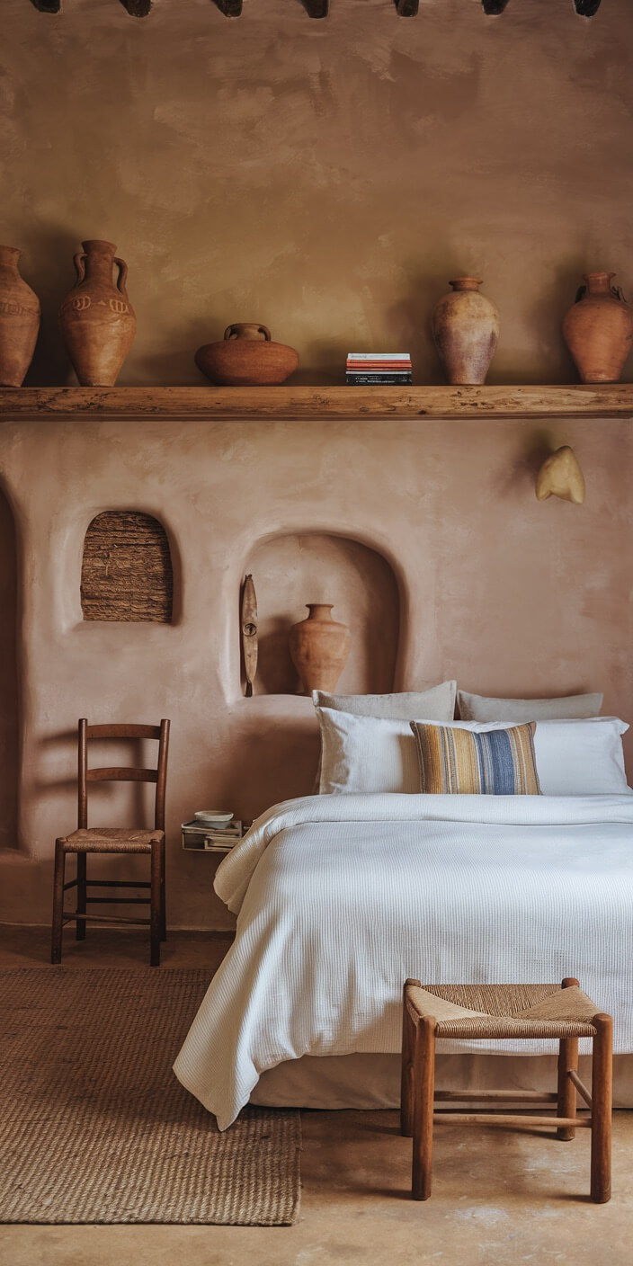 A rustic bedroom features terracotta pots, a wooden shelf, a woven chair, and beige bed linens, creating a warm and earthy ambiance.