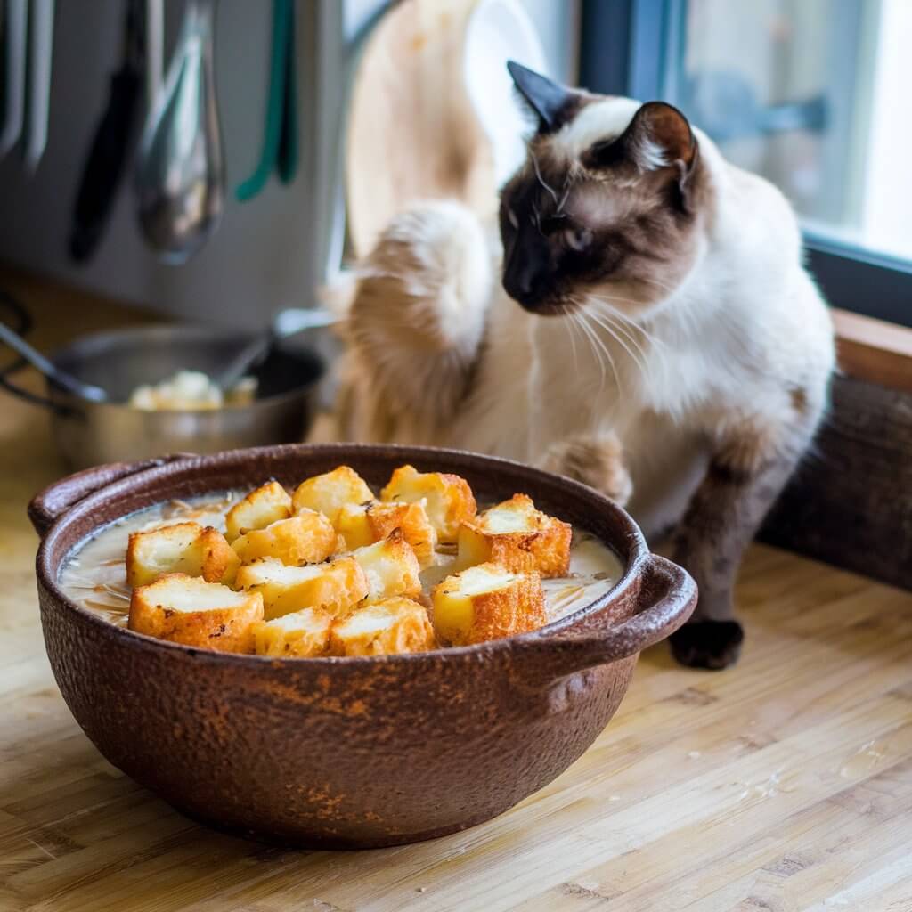 A Siamese cat sits by a bowl of cheesy bread soup on a wooden counter, near a window in a cozy kitchen.