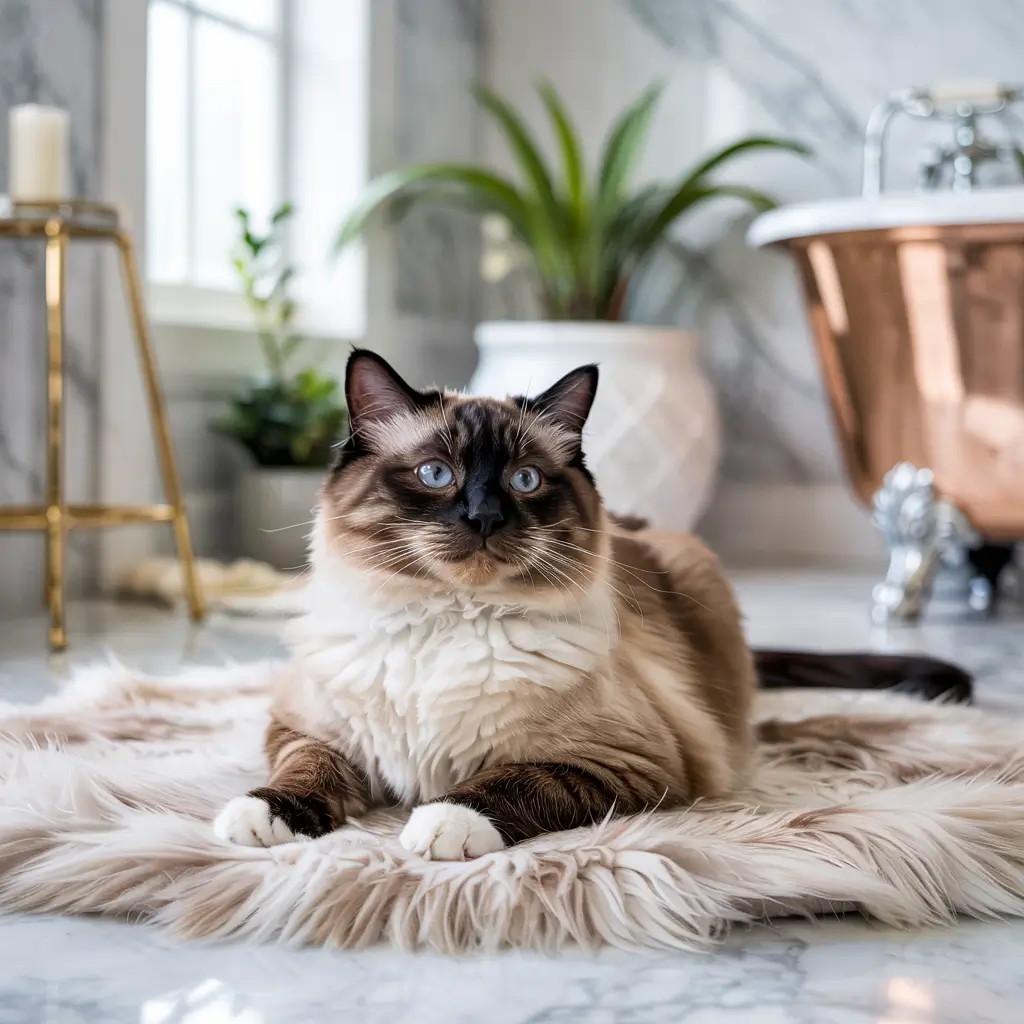 A fluffy cat with striking blue eyes lounges on a soft rug in a stylish, plant-decorated, marble-tiled bathroom with a copper bathtub.