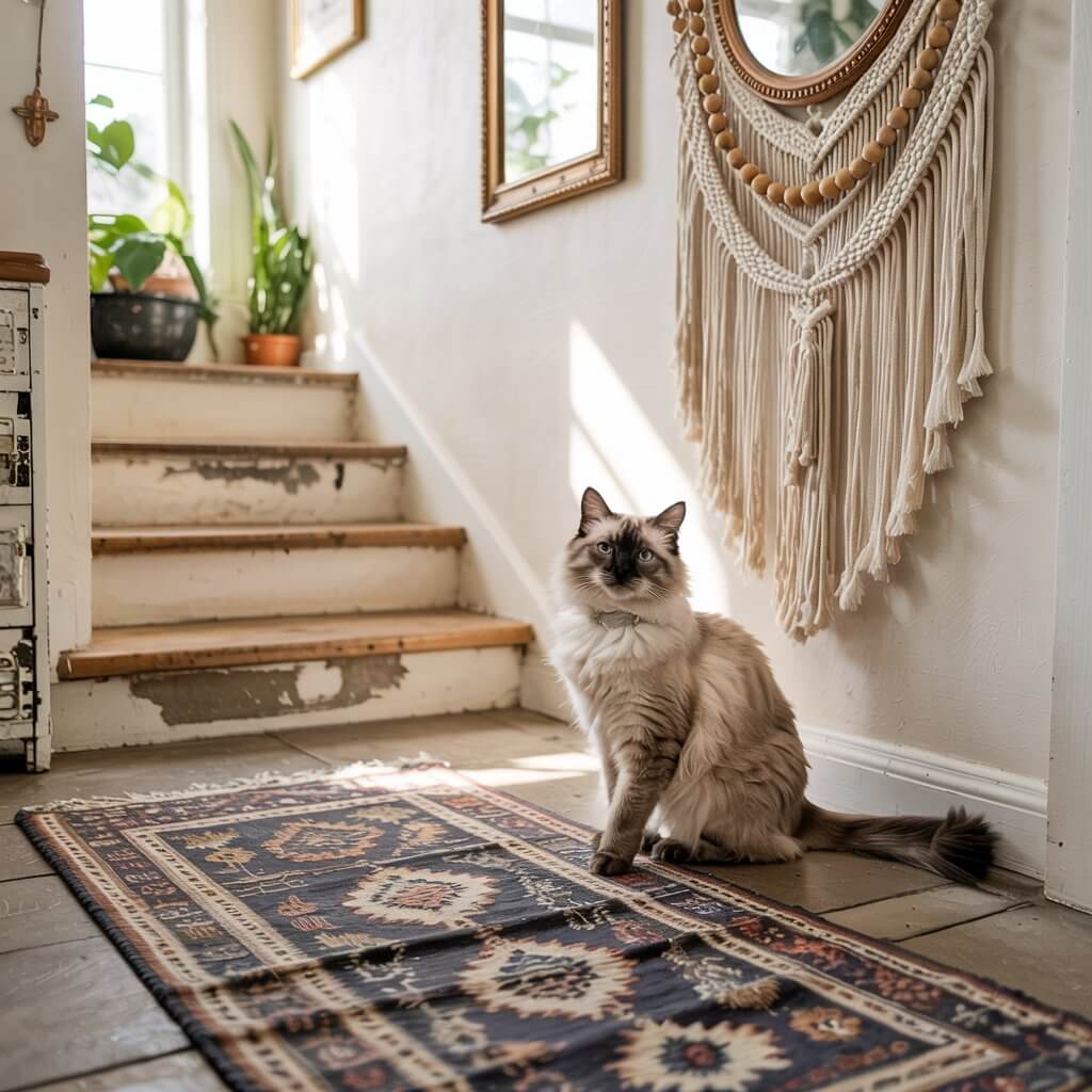 A fluffy cat sits on a patterned rug in a cozy hallway with hanging macramé, potted plants, and framed mirrors near a staircase.