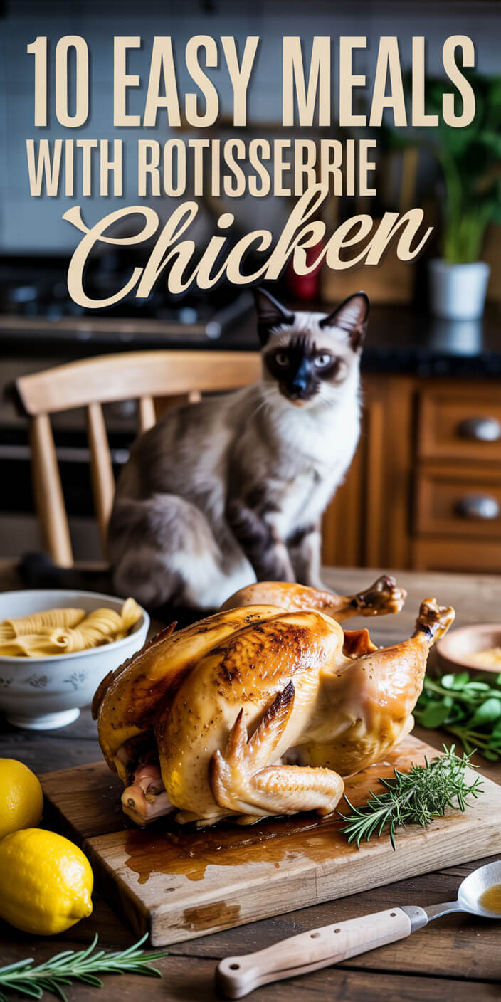 Cooked chicken on cutting board, garnished with rosemary and lemons. Cat on chair, with pasta bowl nearby, in kitchen setting.