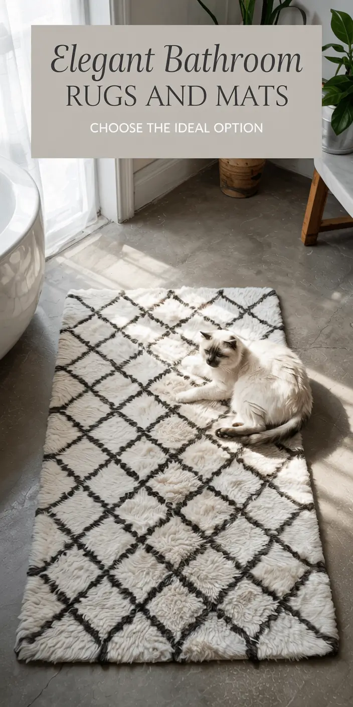 A fluffy rug with a geometric pattern in a bathroom, featuring a cat lounging. Sunlight streams in, highlighting the cozy ambiance.