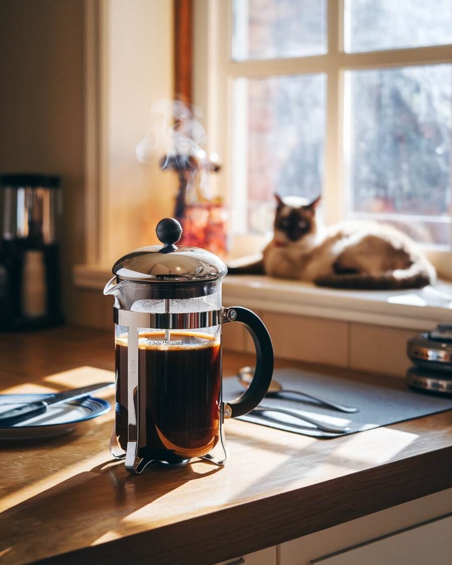 A French press with steaming coffee sits on a sunlit counter near a plate. A cat relaxes by the window in the background.