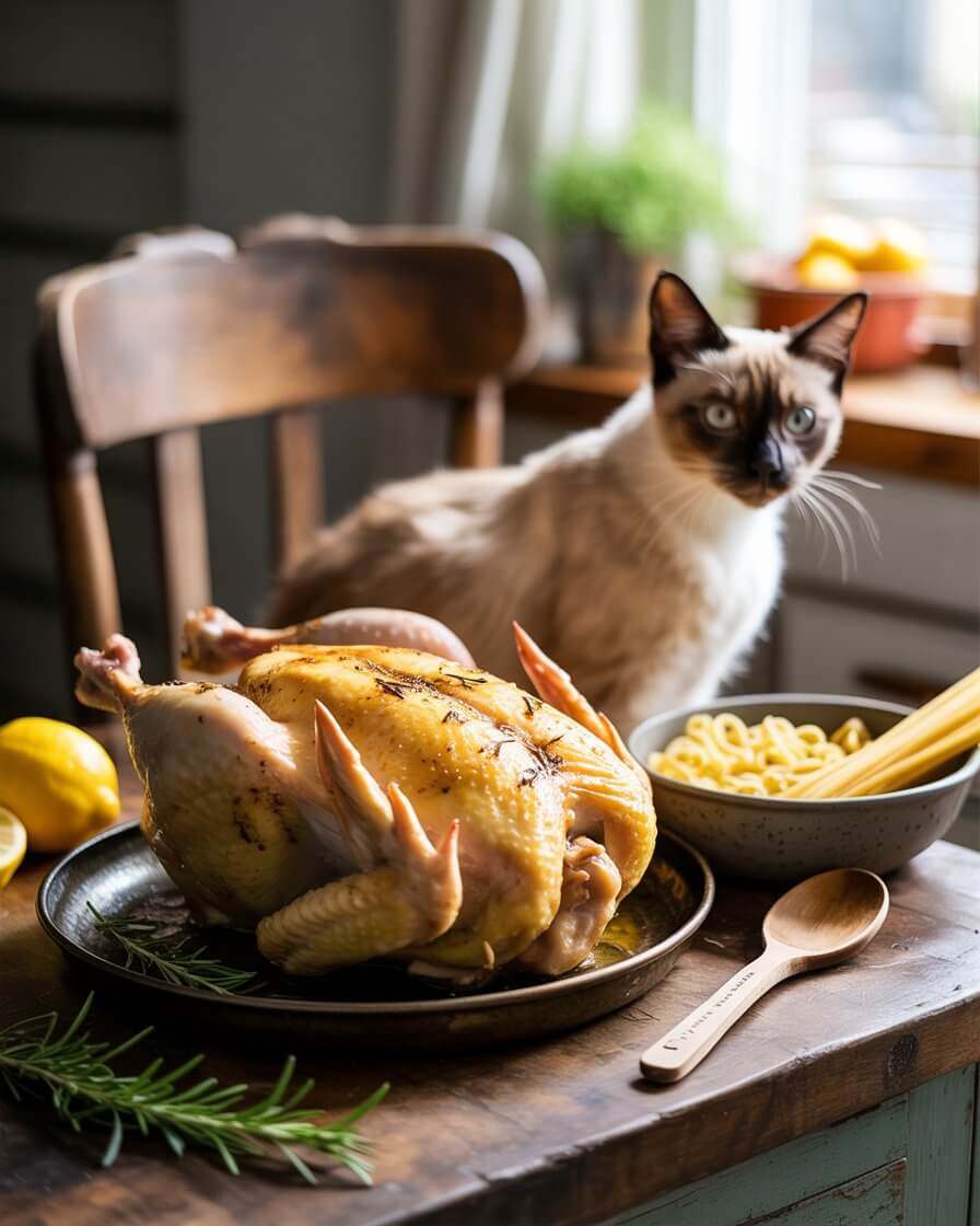 A cat observes a roasted chicken on a table with pasta, lemons, and rosemary, in a cozy kitchen setting.