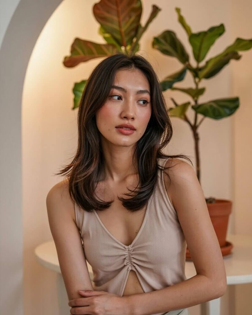 A person with long hair stands indoors, beside a potted plant, in a minimalistic setting with an archway and soft lighting.