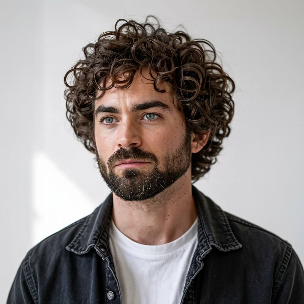 A person with curly hair and a beard wearing a black jacket over a white shirt, standing against a plain, light-colored background.