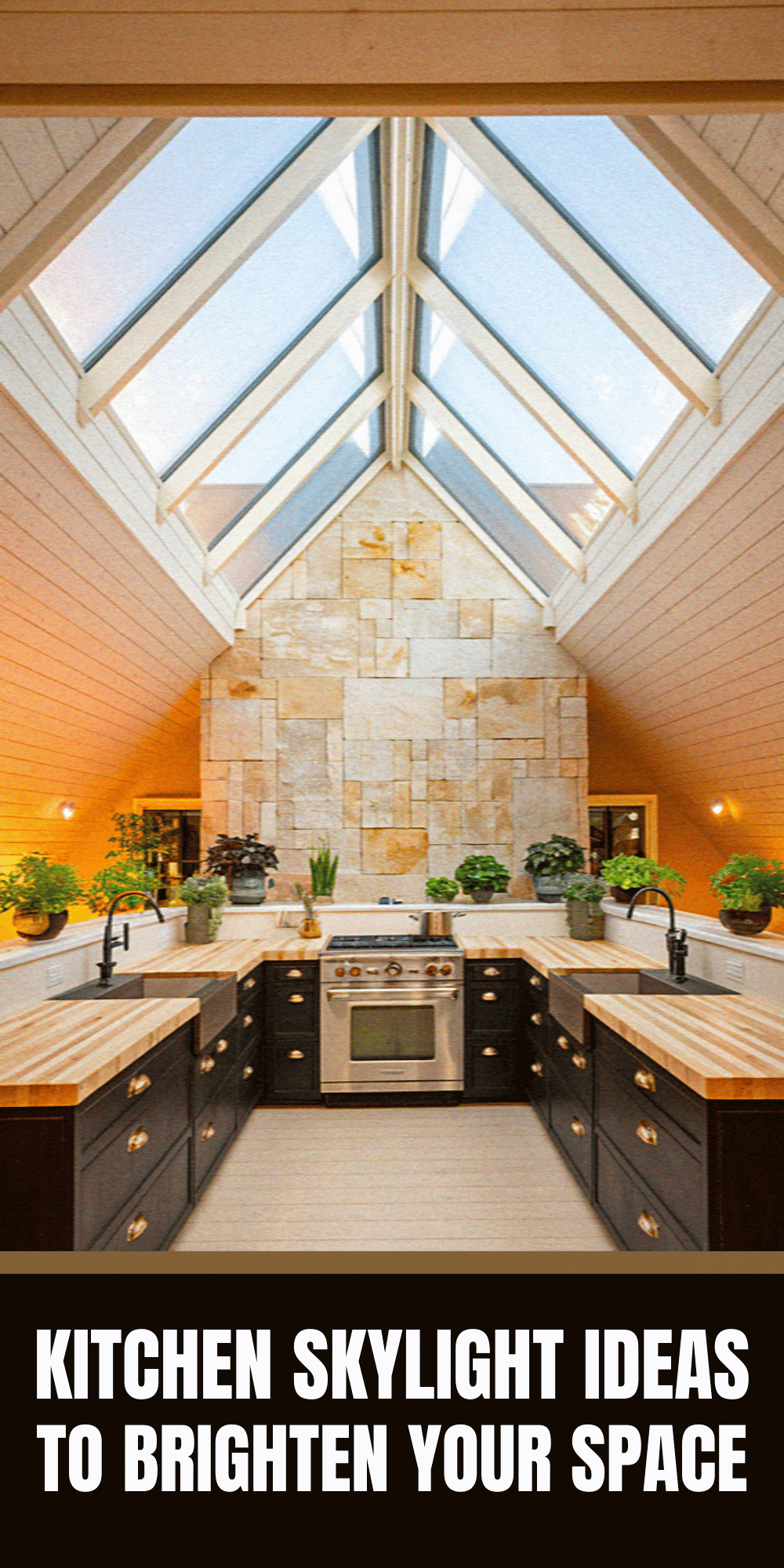Modern kitchen with wooden countertops, stone backsplash, and abundant plants. Skylight ceiling enhances natural lighting, creating an open, airy atmosphere. Text overlay: "Kitchen Skylight Ideas."