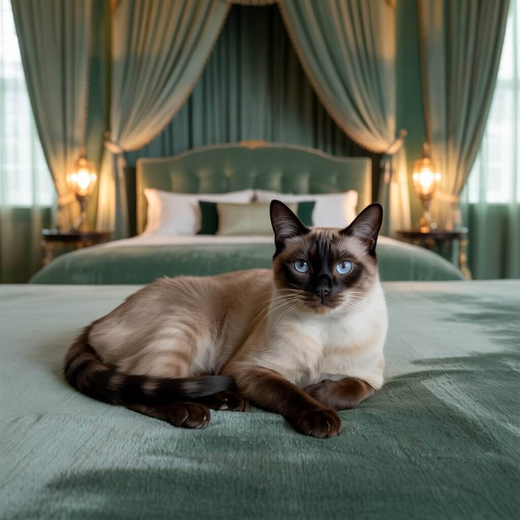 A Siamese cat with striking blue eyes lounges elegantly on a bed in a luxurious, green-themed bedroom adorned with lamps and curtains.