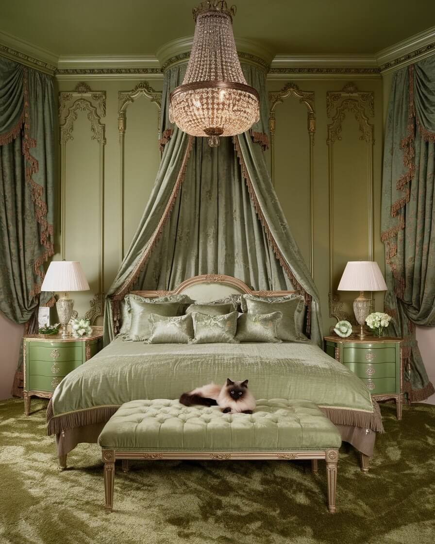 Elegant bedroom with ornate green decor, luxurious bed, and crystal chandelier. A cat relaxes on a green bench in the opulent setting.