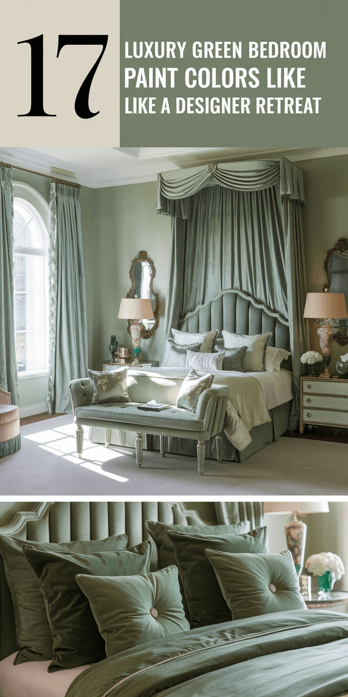 Elegant green bedroom with velvet furnishings, ornate mirrors, and coordinated decor. A luxurious, serene designer retreat for relaxation and comfort.