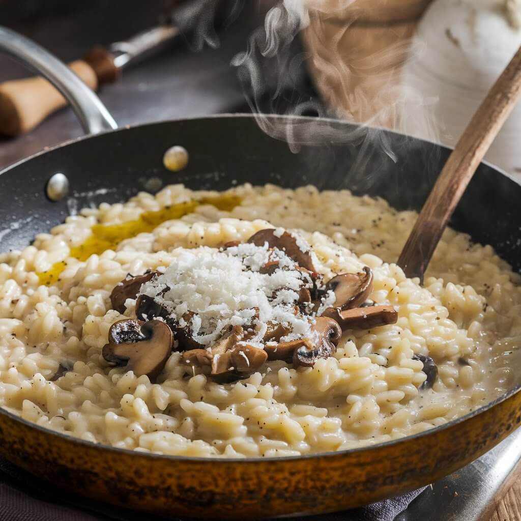 A steaming pan of creamy risotto topped with sautéed mushrooms and grated cheese, wooden spoon on the side, rustic kitchen background.