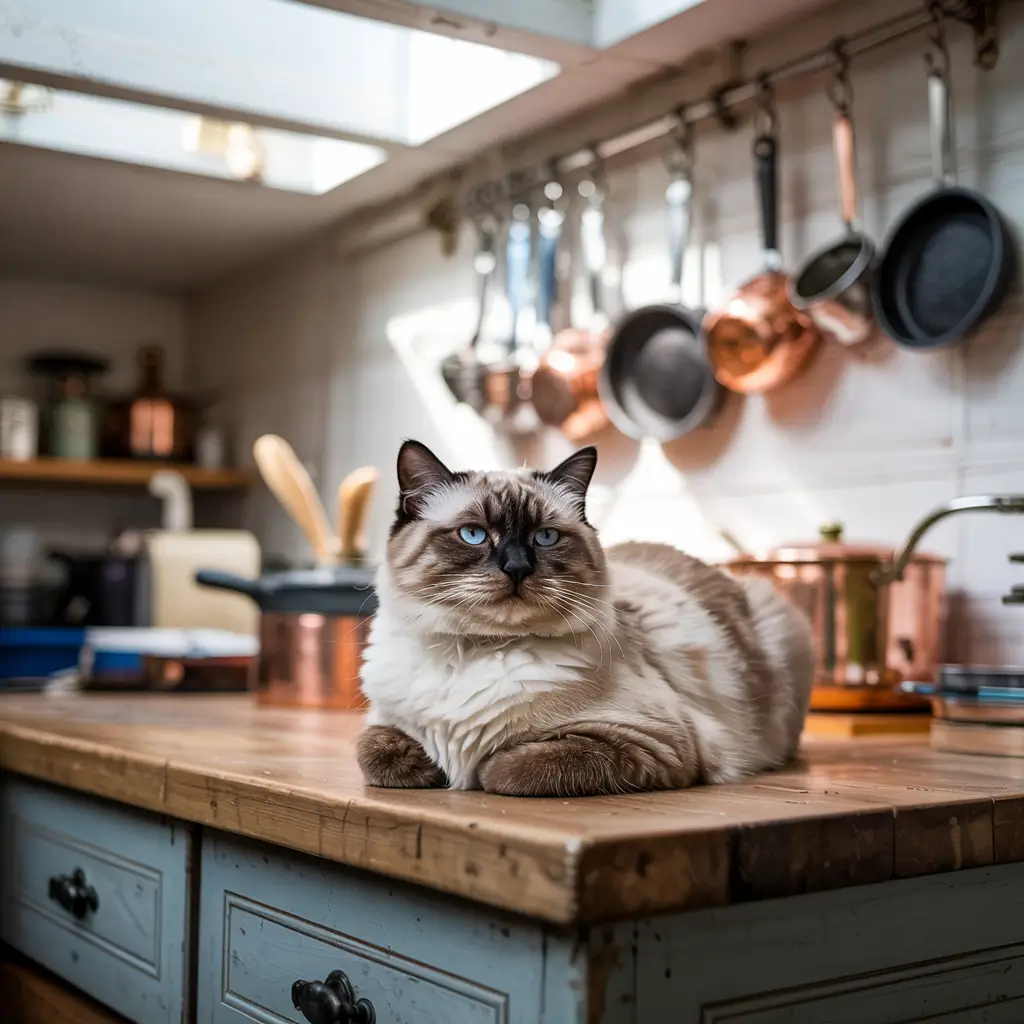 A fluffy cat lounges on a wooden kitchen counter, surrounded by hanging copper pans and utensils, under soft natural light from a skylight.
