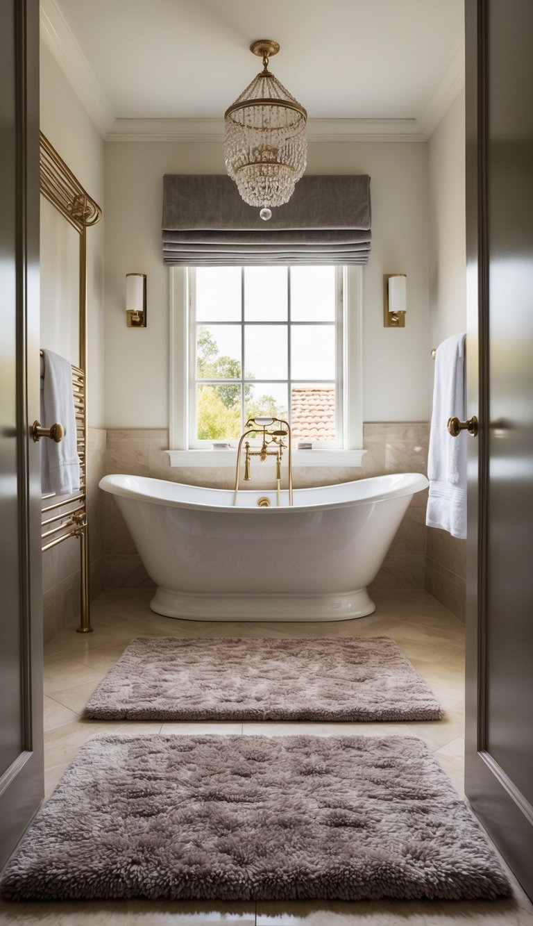 A luxurious bathroom with a plush, elegant rug and matching mats, perfectly coordinated with the decor and adding a touch of sophistication to the space