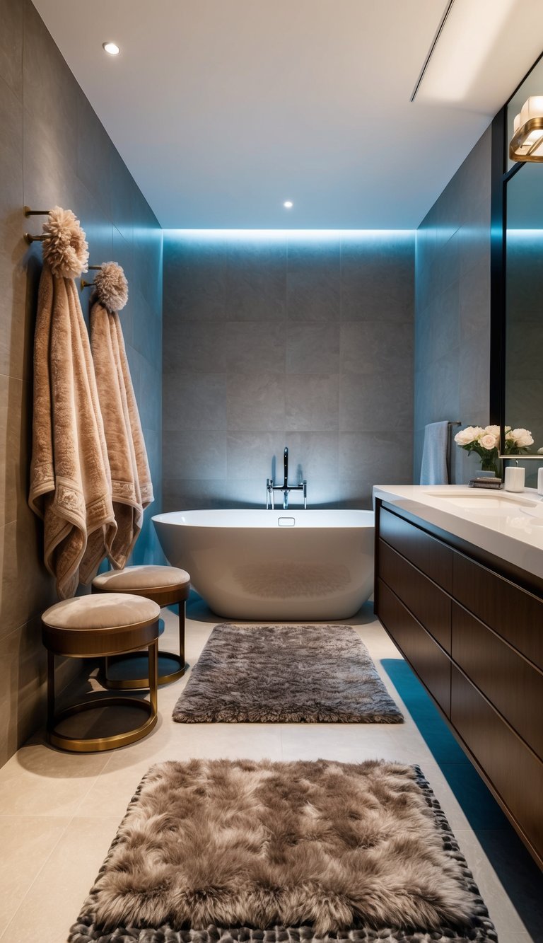 A luxurious bathroom with a sleek, modern bathtub and vanity, adorned with plush, elegant rugs and mats in varying sizes and styles